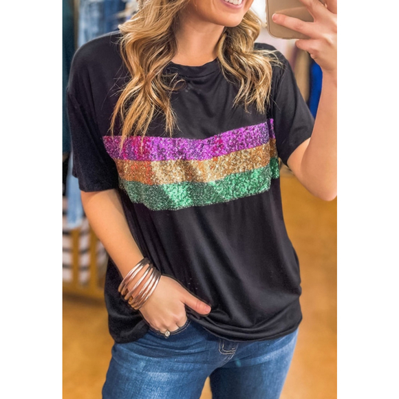 Boutique Tops - Black Mardi Gras Sequins Striped Crew Neck Tshirt